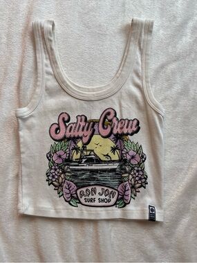 Ron Jon Salty Crew White Graphic Crop Tank Top